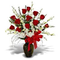 Send 5 White Orchids 12 Red Roses in Vase. Rakhi Flower Delivery in Delhi