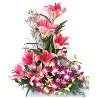 6 Pink Lily 6 Orchids Flower Arrangement