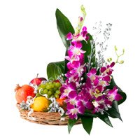 Send Rakhi Gifts to Delhi. 5 Purple Orchids 2 Kg Fresh Fruits Basket