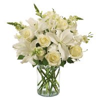 Rakhi Flower Delivery for White Lily Roses in Vase of 14 Flowers to Delhi