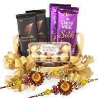 Send Silk, Bournville and Ferrero Rocher Chocolate Basket of Rakhi Gifts to Delhi