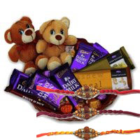 Buy Best Rakhi Gift in Delhi that includes Twin Teddy Chocolate Basket