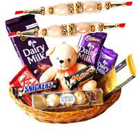 Send Rakhi Gift in Delhi with Exotic Chocolate Basket With 6 Inch Teddy on Rakhi