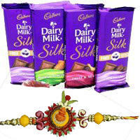 Gift Delivery in Delhi Same Day consist of 4 Cadbury Dairy Milk Silk Chocolates With 6 Red Roses on Rakhi