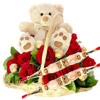 Online Rakhi Gift Delivery to Delhi contain 12 Red Roses, 10 Ferrero Rocher and 9 Inch Teddy Basket