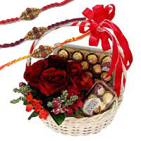 Order Rakhi Gifts to Delhi. 12 Red Roses, 40 Pcs Basket of Ferrero Rocher Chocolates to Delhi