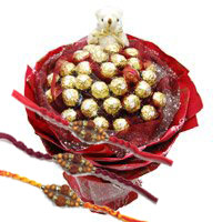 Online Rakhi Gift Delivery in Delhi. 24 Pcs Ferrero Rocher 6 Inch Teddy Bouquet Delhi