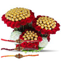 Send Online Rakhi to Delhi including 96 Pcs Ferrero Rocher 200 Red White Roses Bouquet