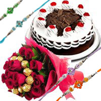 Order Rakhi in Delhi with 16 pcs Ferrero Rocher with 30 Red Roses Bouquet and 1/2 Kg Black Forest Cake in Delhi