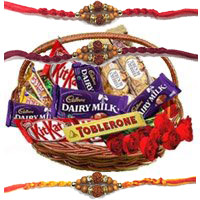 Online Order for Basket of Assorted Chocolate and 10 Red Roses and Rakhi Gifts in Delhi