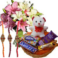 Deliver 6 Pink White Lily with 6 Inches Teddy and Chocolate Basket Gifts in Delhi on Rakhi
