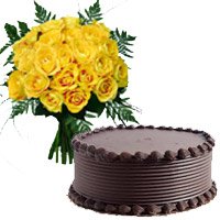 Online 1/2 Kg Chocolate Cake and Rakhi with 18 Yellow Roses Bouquet to Delhi