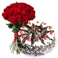 24 Red Roses, 1 Kg Black Forest Cake 5 Star Bakery : Free Cake Delivery in Delhi