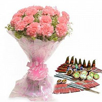 Send Diwali Gifts to Delhi with Crackers include 24 Pink Carnation Bouquet with Assorted Crackers worth Rs 1500.