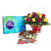 1 Celebration Pack and 18 Red Yeloow Mix Flowers Basket with Assorted Crackers worth Rs 1200. Deliver Diwali Gifts in Delhi same Day.