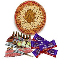 Crackers for Children that includes Diwali Gifts to Delhi 1 Kg Assorted Dry Fruits and 5 Dairy Milk with Assorted Crackers worth Rs 600.