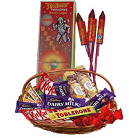 Diwali Gifts Delivery in Delhi deliver to Basket of Assorted Chocolates and 10 Red Roses with 1 Box Rocket contain 10pcs.