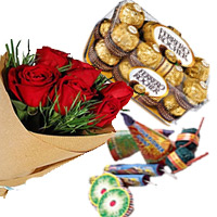 Diwali Gifts to Delhi. 16 Pcs Ferrero Rocher and 12 Red Roses Bunch with Assorted Crackers worth Rs 500.