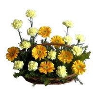 Place order for Yellow Gerbera White Carnation Basket 20 Flowers to Delhi Online on Rakhi