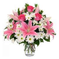 Send Rakhi to Delhi with 2 White Lily 6 Pink Rose 10 White Gerbera Vase
