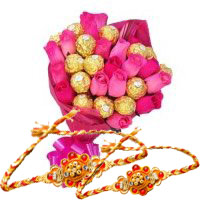 Online Rakhi Delivery in Delhi with Pink Roses 10 Flowers 16 Pcs Ferrero Rocher Bouquet