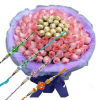 Rakhi Gift Delivery in Delhi. 50 Pink Roses 16 Pcs Ferrero Rocher Bouquet