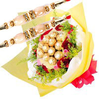 Rakhi and Rakhi Gift Delivery to Delhi. 12 Red Pink Roses 16 Pcs Ferrero Rocher Bouquet