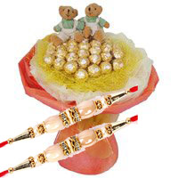 Order for 16 Pcs Ferrero Rocher Chocolate and Rakhi to Delhi with Twin 6 Inch Teddy Bouquet on Rakhi